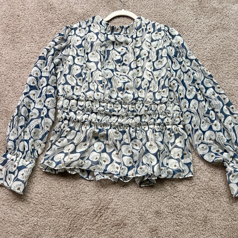 Rebecca Taylor Silk Floral Long Sleeve V Neck Lined Blouse Top White Blue Siz 10 - Picture 11 of 12